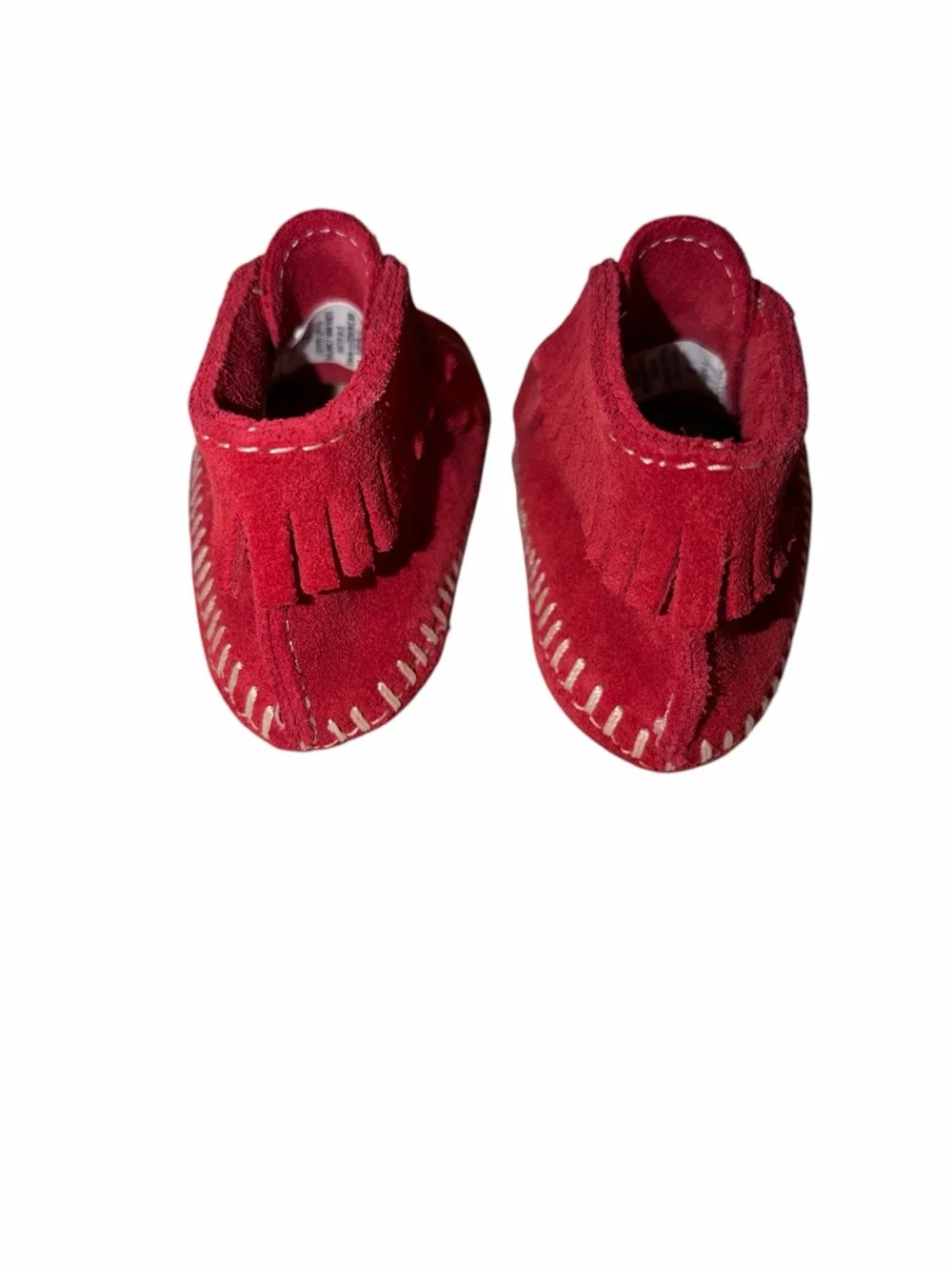 EUC Minnetonka Red Suede Leather Baby Moccasins 2 Fringe Western Americana Crib